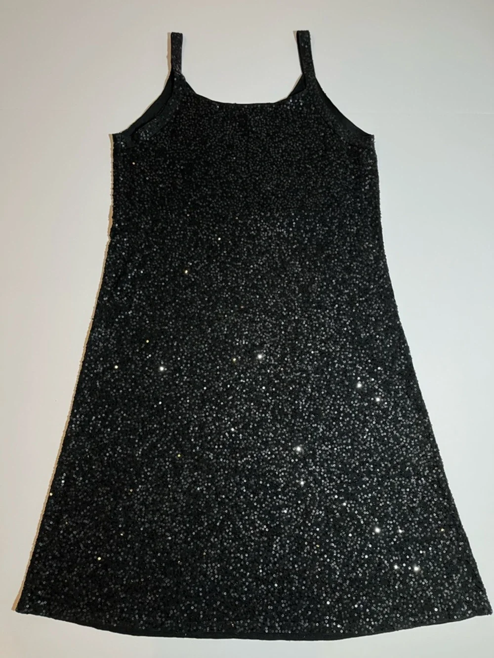 Eileen Fisher Black Sequin Silk Blend Sleeveless Shift Short Dress V Neck Medium - Picture 3 of 10
